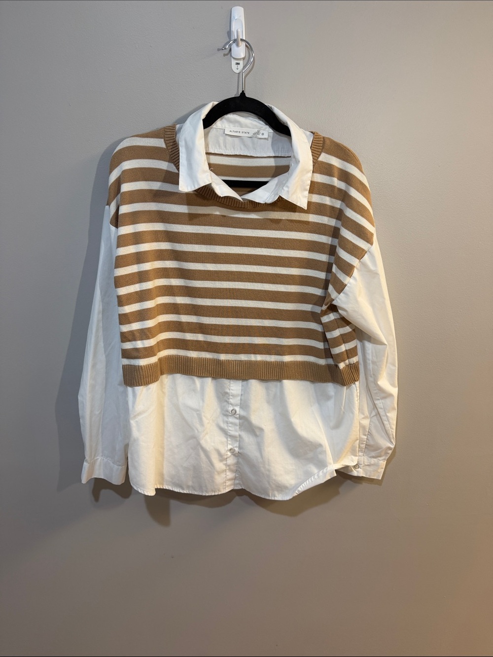 Altar'd State White Button-Down with Camel Striped Knit Overlay